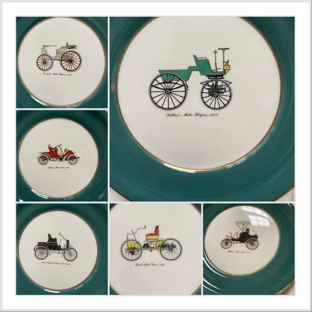 The Harker Pottery Co Antique Vintage Automobile Dessert Plates (6) - 22k Gold